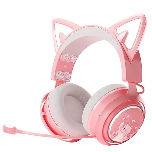 EASARS Wireless Cat Ear Headphones, Pink Gaming Headset Bluetooth 5.0 for Smartphone, Retractable Mic, 50mm Drivers, RGB Lighting Headset with Mic (USB Dongle Not Included)