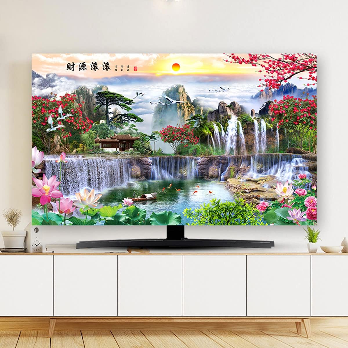 Simple Chinese Landscape Painting Waterproof Dust Cover TV Cloth/computer Cover Desktop/Wall Hanging/curved Screen/cover, Living Room/Home Decoration Environmental Prot(Size:75IN(175x100cm),Color:B)