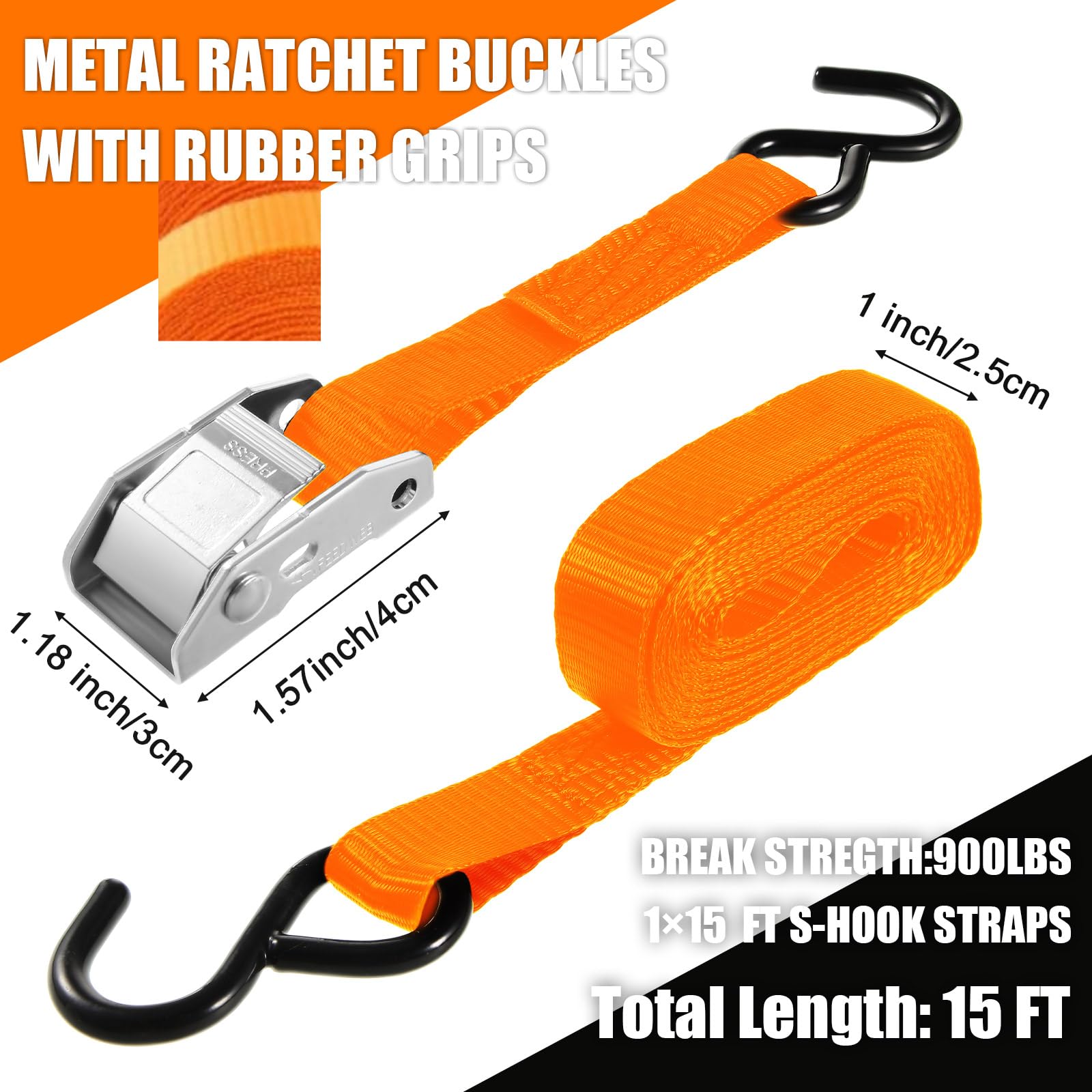 16 Pcs Cambuckle Tie Down Straps 1763lbs Break Strength Securing Straps 1'' x 15 ft Cambuckle Tie Downs with S Hook for Motorcycle, Kayak, Car, Truck, Boat Moving, Securing Cargo(Orange)