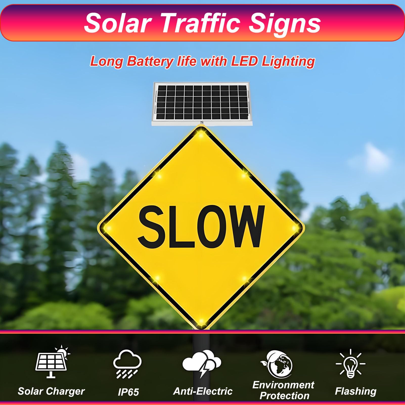 Señal de Advertencia de Velocidad Lenta de 24" con energía Solar, para Seguridad Vial en Exteriores, Ideal para entradas de vehículos, Calles residenciales y vecindarios.