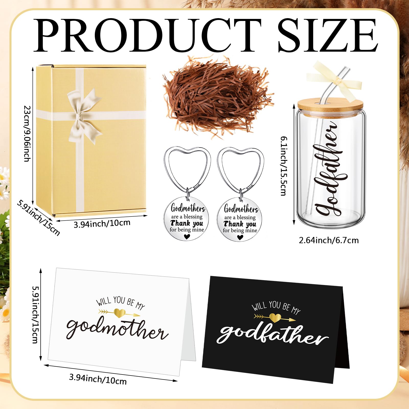 Mimorou 7 Pcs Fathers Day Godparents Proposal Gift Set Will You Be My Godparents from Godchild Godmother Godfather Gift with Glass Cups Keychains Cards Box for Birthday Baptism (Champagne)