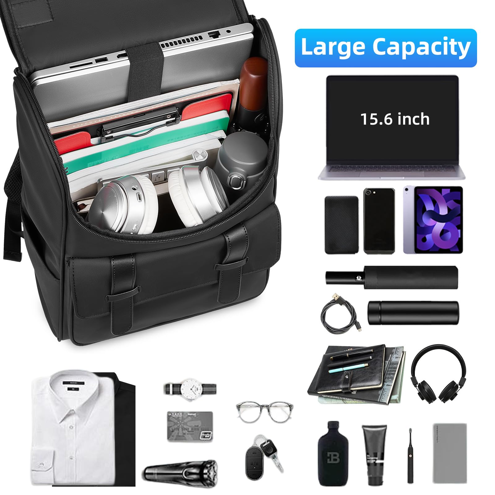 Sac a Dos Homme d'Affaire Ordinateur 15.6 Pouces Sac a Dos Femme Elegant Imperméable pour Collège Travail Voyage-Noir