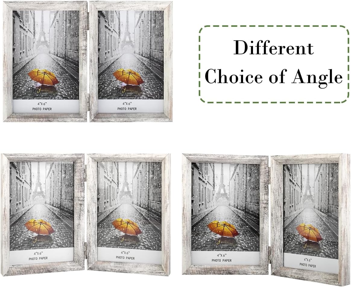 TOFOREVO(トフォレボ) 4x6インチ ダブル写真フレーム アンティーク調ホワイト木製ヒンジ付きベベルフォトフレーム 定義ガラ