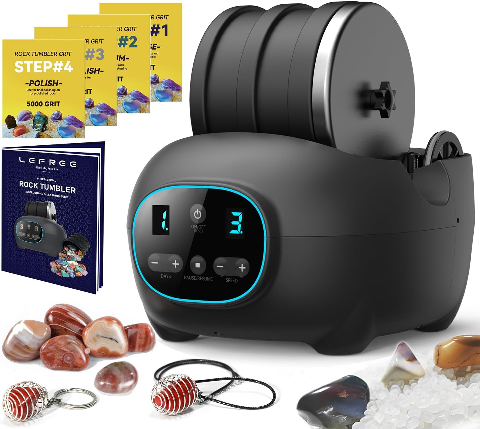 Rock Tumbler Kit for Adults Kids, Professional Rock Polisher with 3LB Leak Proof Rubber Barrel, Includes 1 LB Rough Rocks,4 Rock Tumbler Grits etc,STEM Christmas for Kids