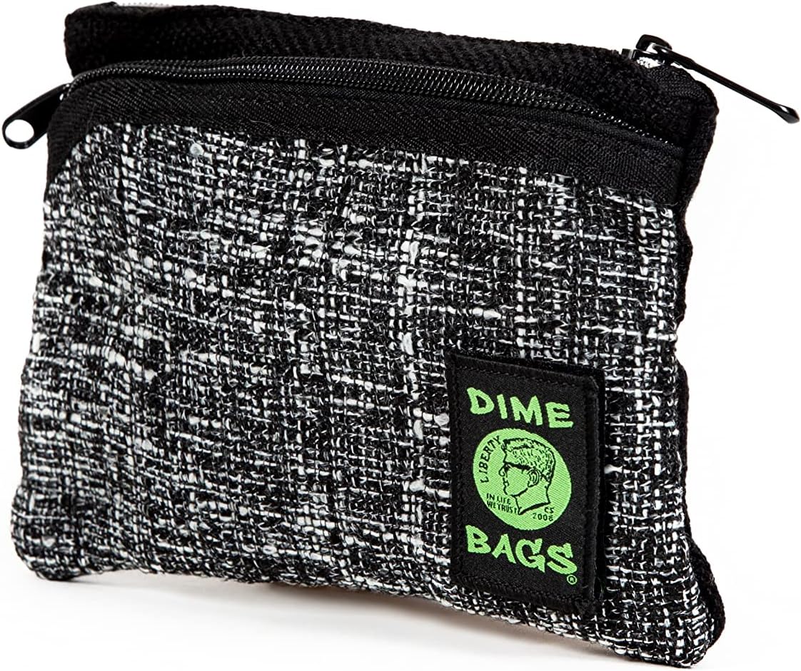 DIME BAGS Hemp Pouch, Compact Tote with Dual Zippered Compartments, Travel Wallet with Carabiner Clip & Interchangeable Patch, Coin Bag Zipline (8 inch, Black)