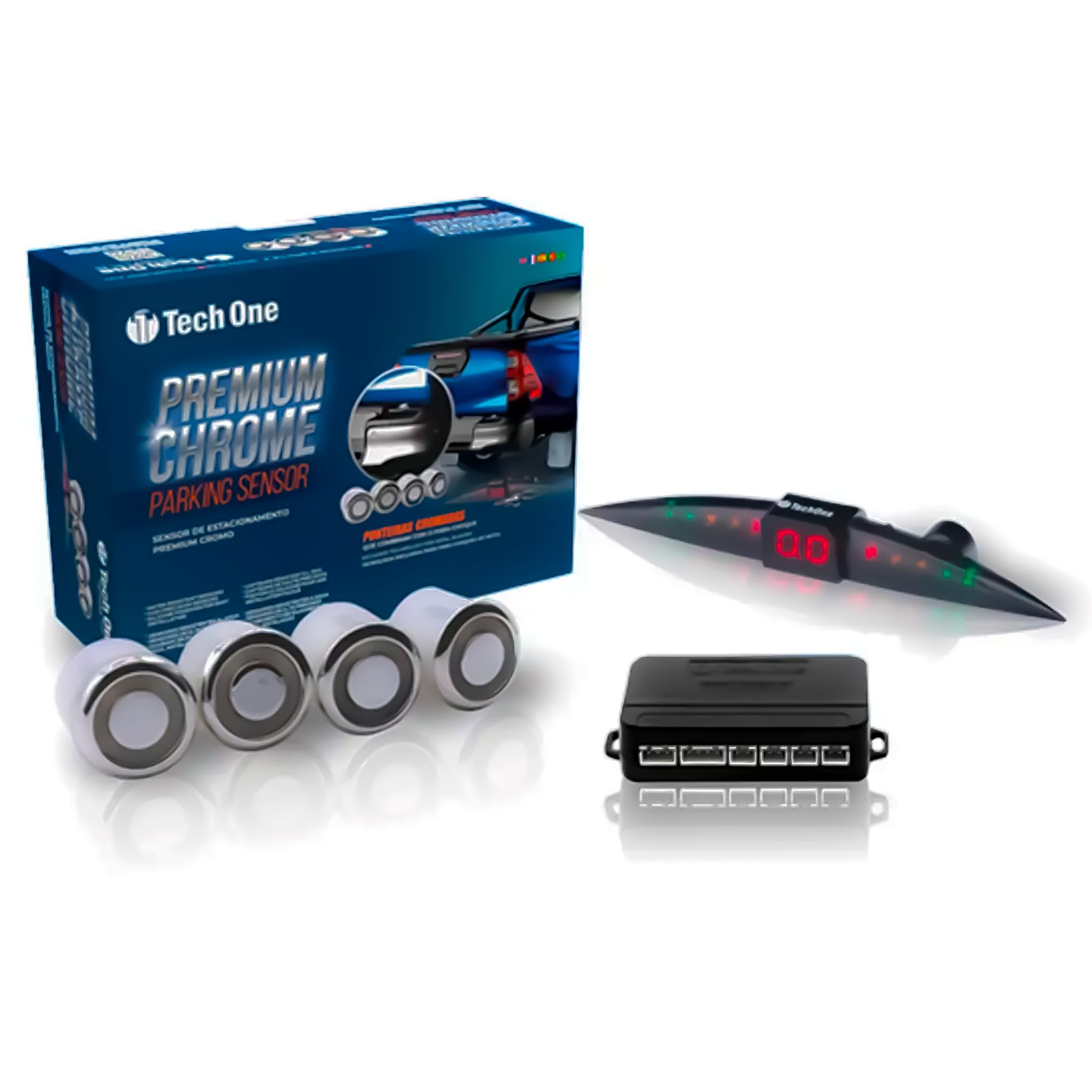 TECH ONE - Sensores Aparcamiento Pick-up Premium Chrome, 4 sensores con Pantalla de Color LED, Kit de Alarma de Audio de Marcha atrás - Sensor de Aparcamiento Cromo para Parachoques metálicos.