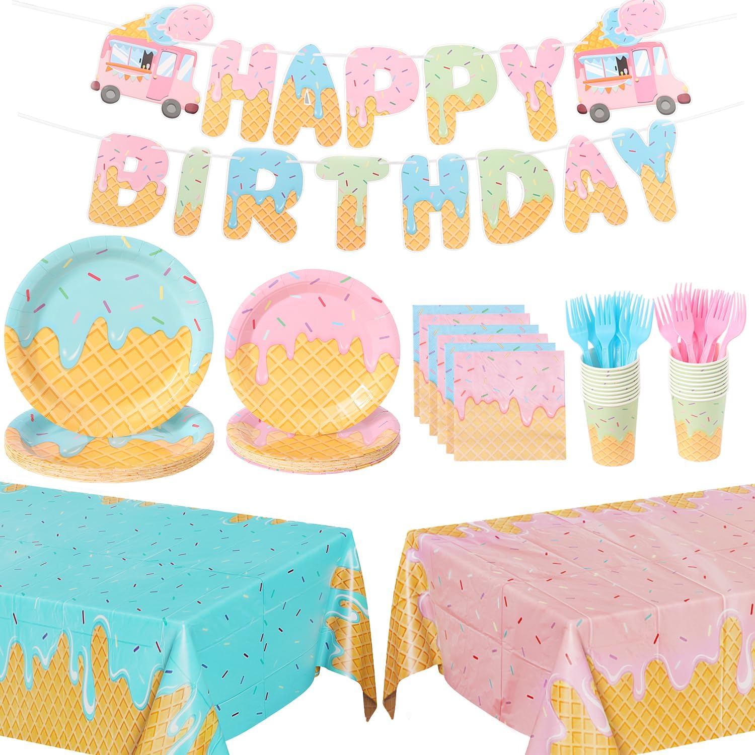 Ice Cream Party Supplies Kit Serve 20 for kids Ice Cream Birthday Party | Paper Dinner Plates, Dessert Plates, Napkins, Cups, Forks, Tablecloth & Banner, Baby Shower Decorations