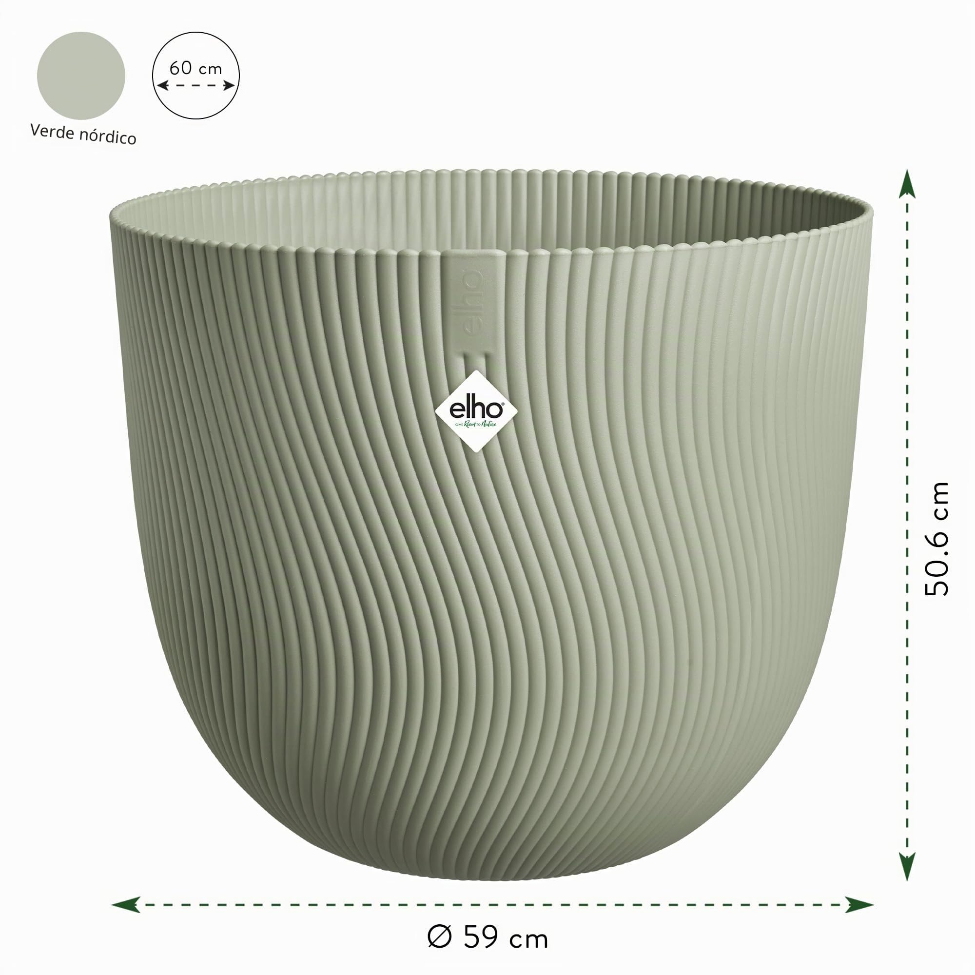 Elho Sereh Round 60cm Maceta - Nordic Green | ∅ 59 x 50.6 cm | Macetero por Interior y Exterior | Plástico 100% reciclado