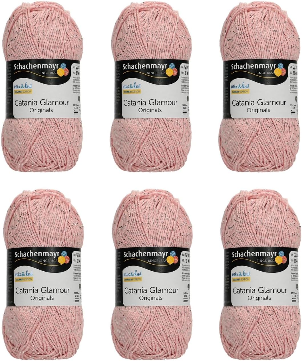 Schachenmayr Catania Glamour Yarn Set - 6 Balls of Metallic Cotton Yarn for Easy Crochet, Amigurumi and Craft Projects - Mercerized Cotton with Glitter - Light Powder