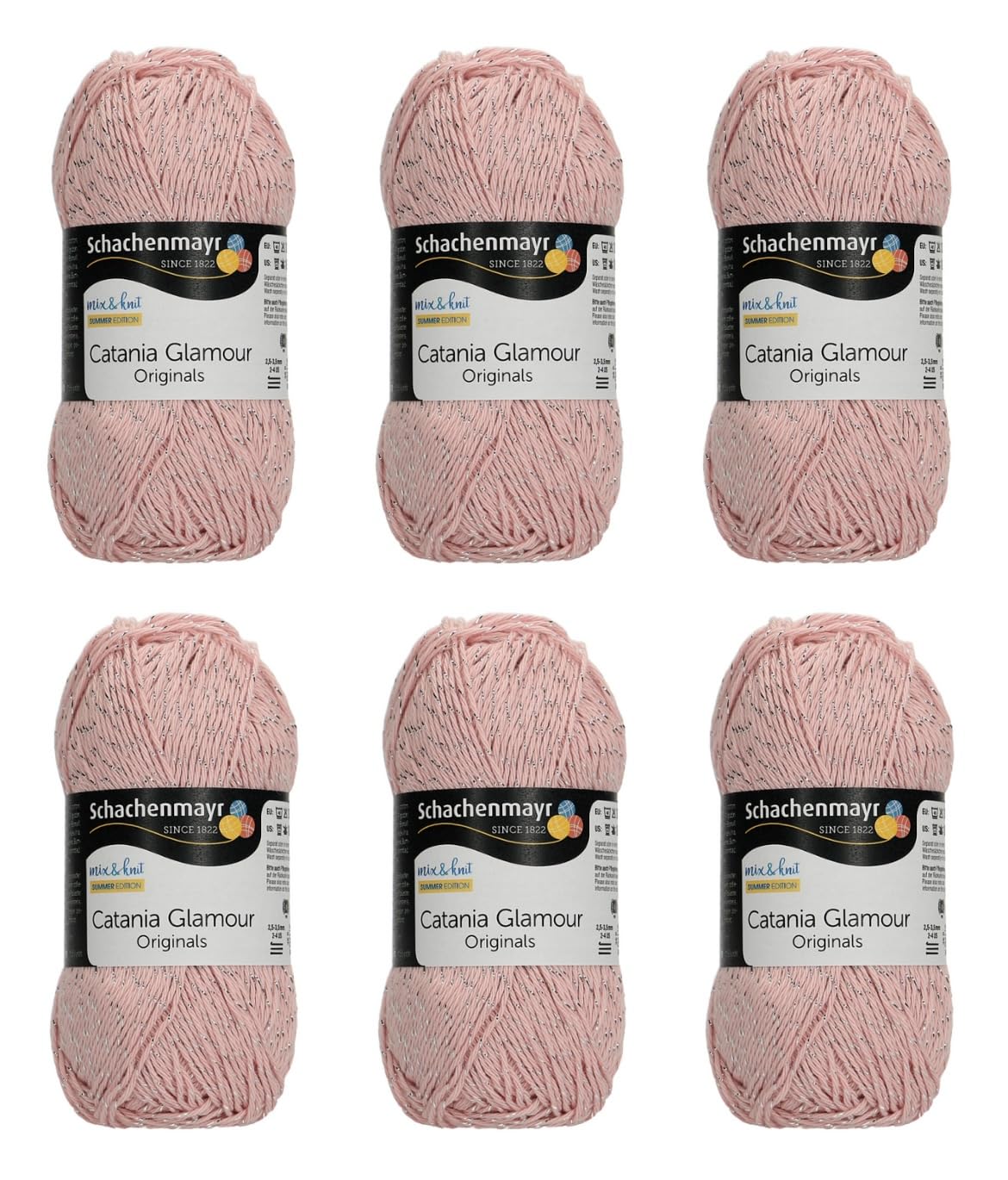 Schachenmayr Catania Glamour Yarn Set - 6 Balls of Metallic Cotton Yarn for Easy Crochet, Amigurumi and Craft Projects - Mercerized Cotton with Glitter - Light Powder