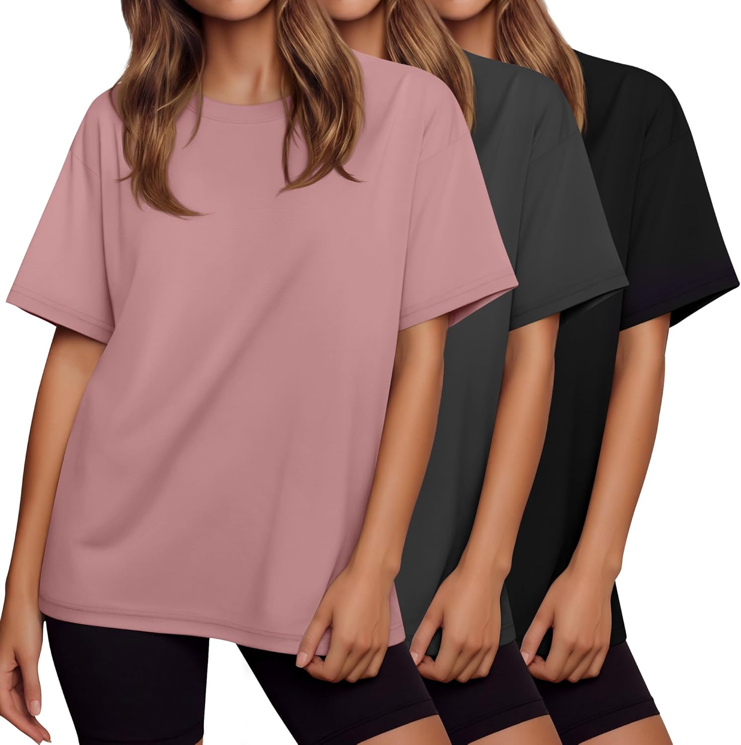 3 Pack Women's Half Sleeve Oversized T-Shirts Drop Shoulder Sweatshirts Crew Neck Loose Fit Workout Casual Tops