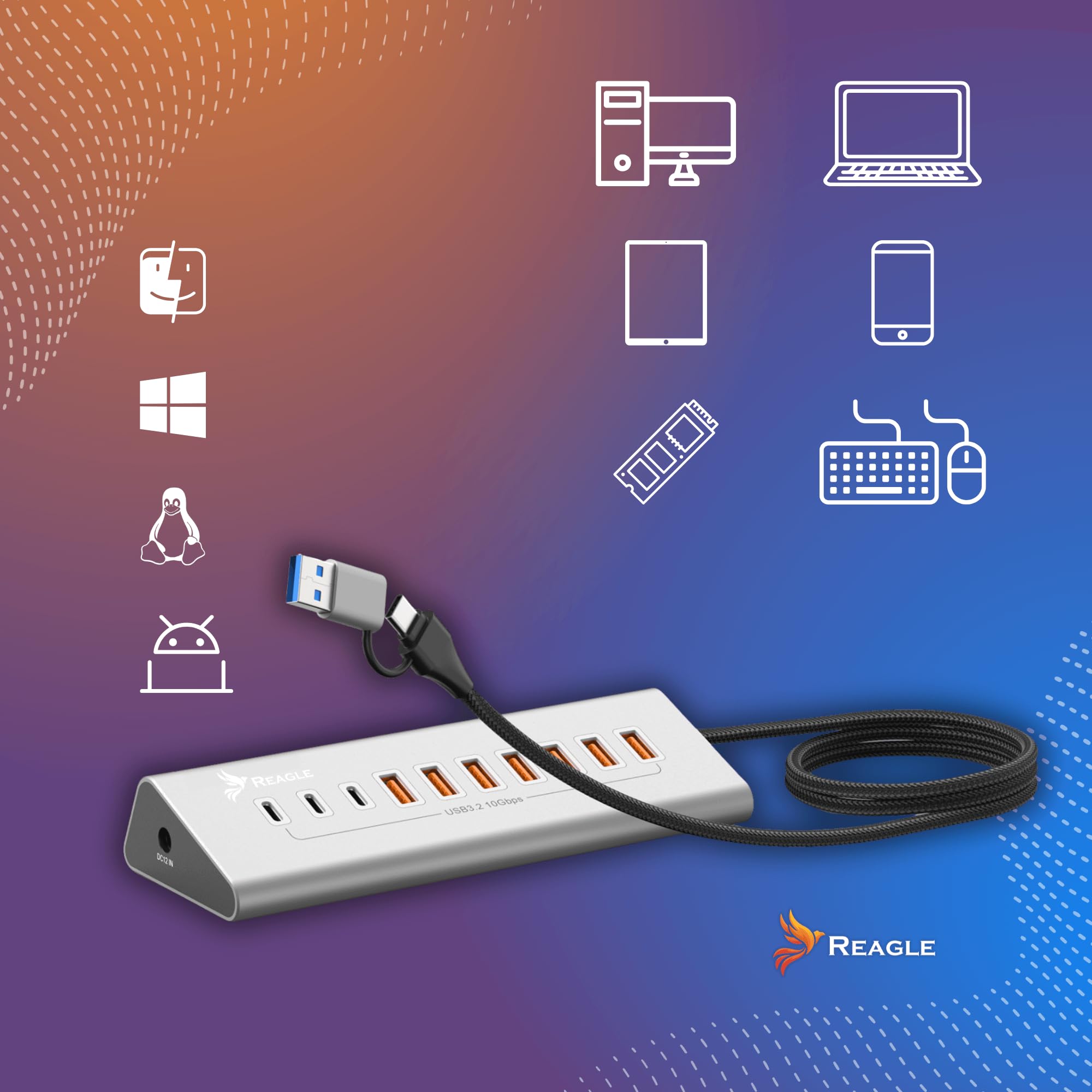 REAGLE 10-portowy koncentrator USB 3.2 z kablem 100 cm do komputera stacjonarnego, 10 w 1, 7 portów USB-A i 3 x USB-C, 36 W, Plug and Play, aluminiowy dystrybutor USB 10 Gb/s, do komputera, laptopa