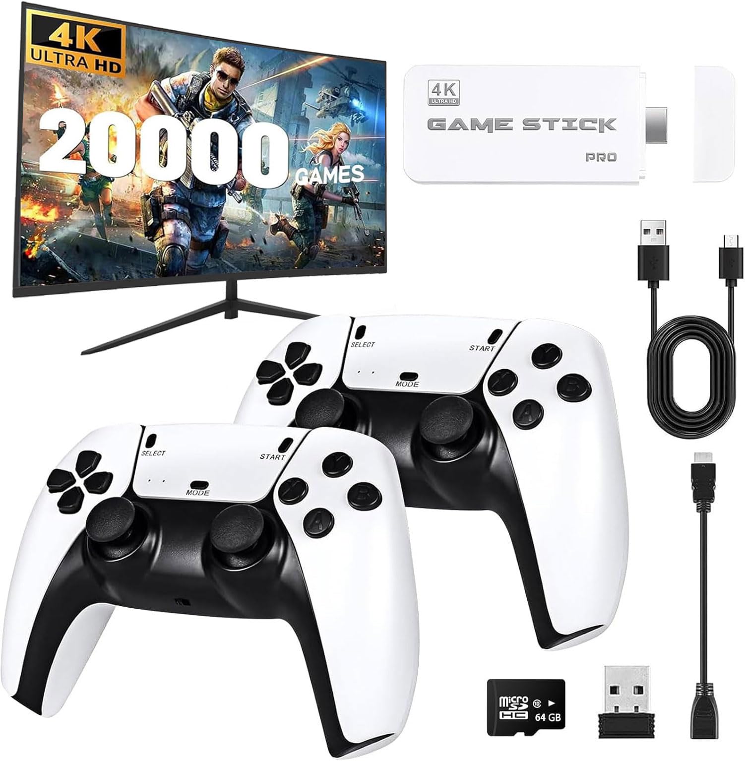 Console Rétrogaming TV Stick HDMI 4K – 20 000+ Jeux Sélectionnés, 23 Émulateurs Classiques – 2 Manettes sans Fil (Blanc)