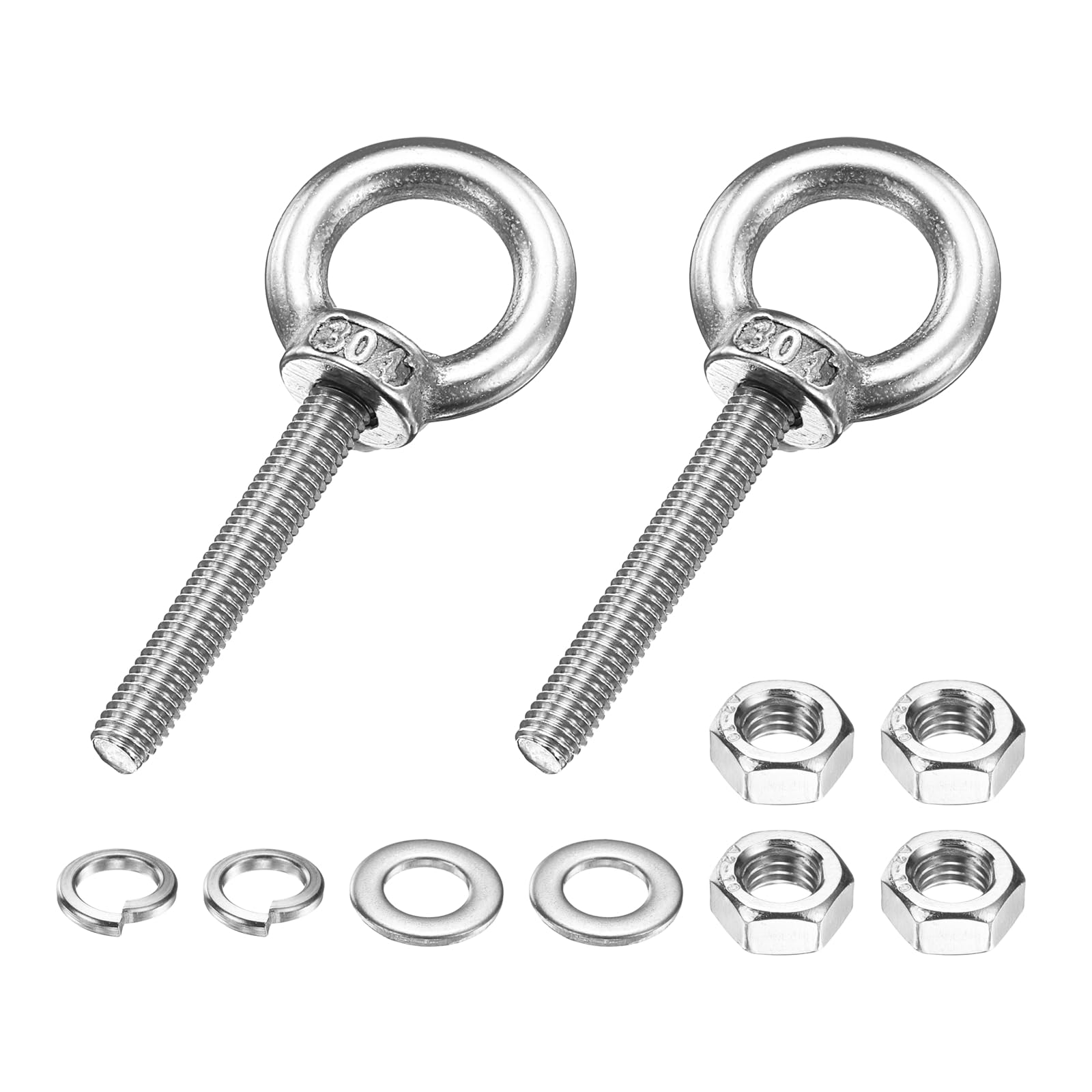 PATIKIL M5 x 30mm Eye Bolt, 2 Pcs 304 Stainless Steel Thread Lifting Ring Set Shoulder Eyebolt with Lock Nuts Flat Washers for Hanging Hammocks Articles, Silver