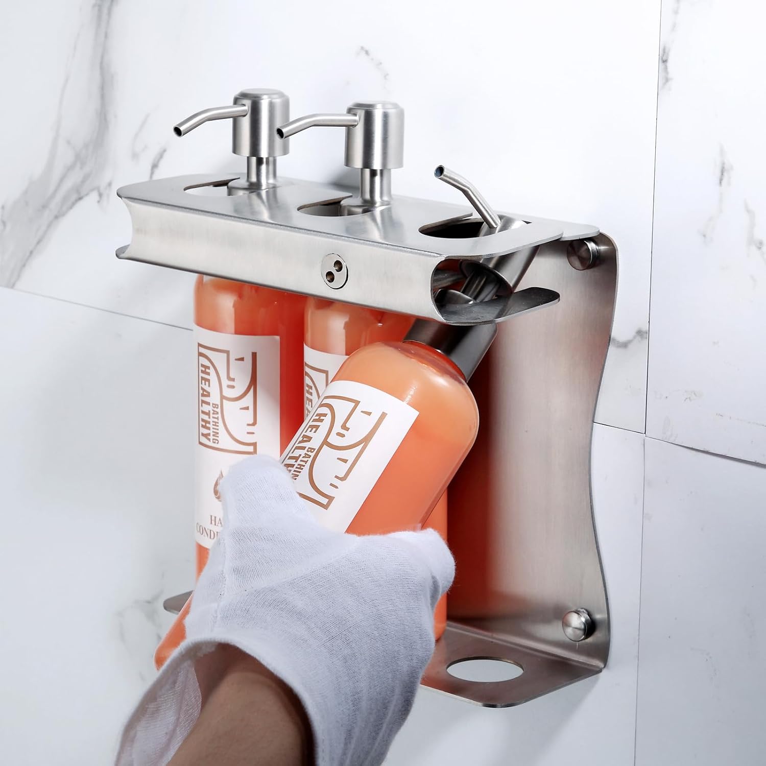 Brushed Silver Shampoo, Conditioner, Body Wash Dispenser Eco-Friendly 3 Compartment Refillable Shampoo and Conditioner Pump Bottle, Wall Mounted Slot Shower Soap Dispenser (KCLS-3)