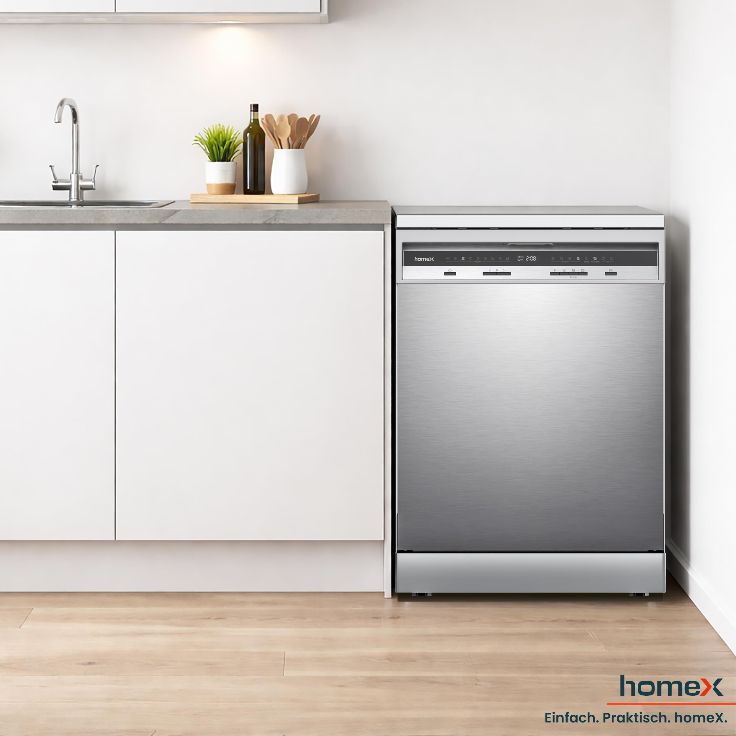 homeX DWFS601442A-S Geschirrspüler 60 cm, Spülmaschine freistehend - 14 Maßgedecke, 9 Programme, Energieklasse A, AquaStop, Besteckschublade, 42 dB, Überlaufschutz, Auto Door, Unterbaufähig, Silber