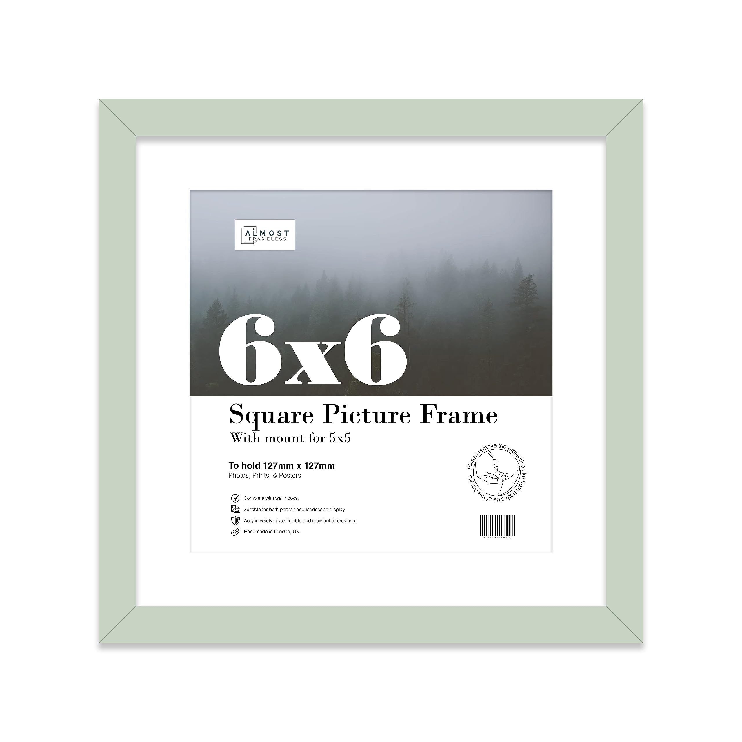 Almost Frameless 6x6 Picture Frame, Display Pictures 5x5 With Mat or 6x6 Without Mat, Wall Hanging & Free Standing Photo Frame, Mint, 1 Pack