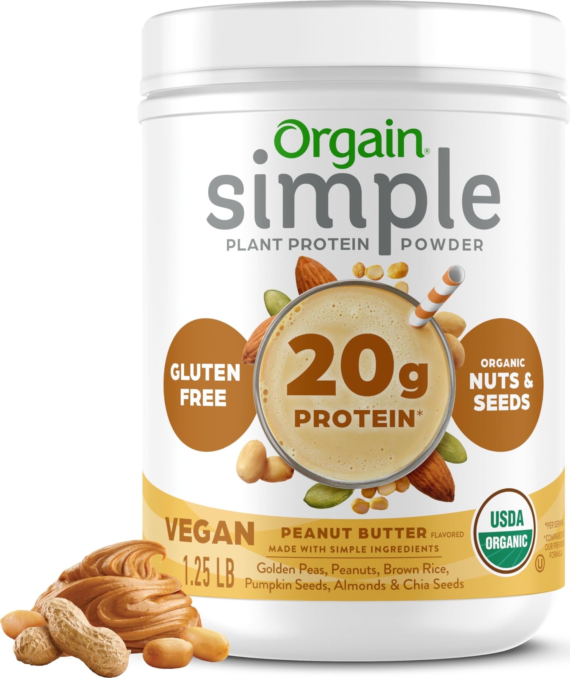 Orgain Proteína Vegana em Pó Orgânica Simples, 20 g, Pasta de Amendoim, 567,5 g