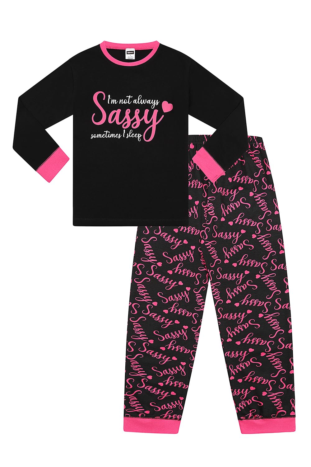 Thepyjamafactory Girls Black I'm Not Always Sassy Sometimes I Sleep Cotton Long Pyjama Set (13 Years)