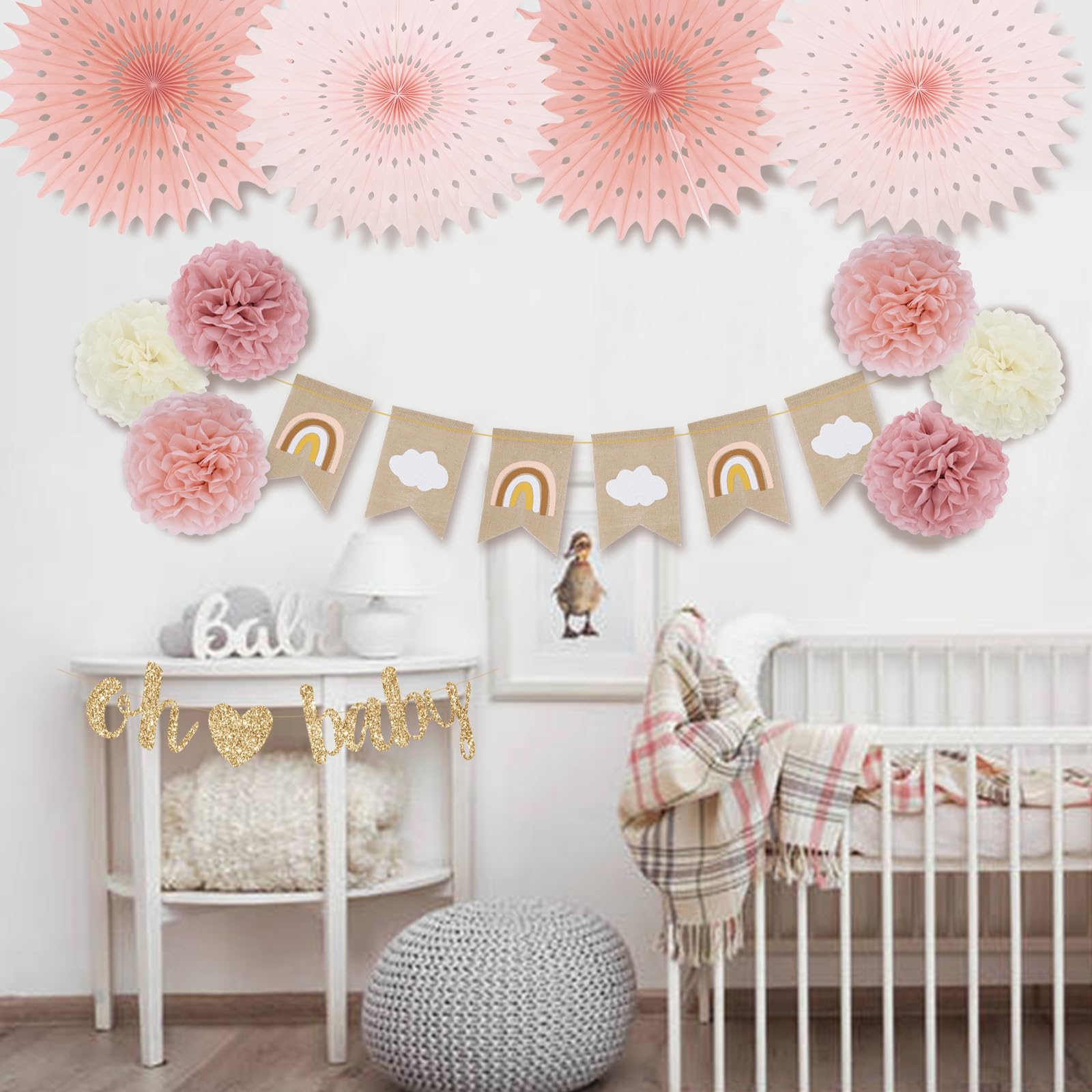 Decoraciones De Baby Shower Verde Salvia, Azul, Decoración De Baby Shower, Color Verde Salvia Y Azul Claro, Abanicos De Papel Beige Oliva, Kit De Faroles Con Pompones Para Fiesta De Revelación De