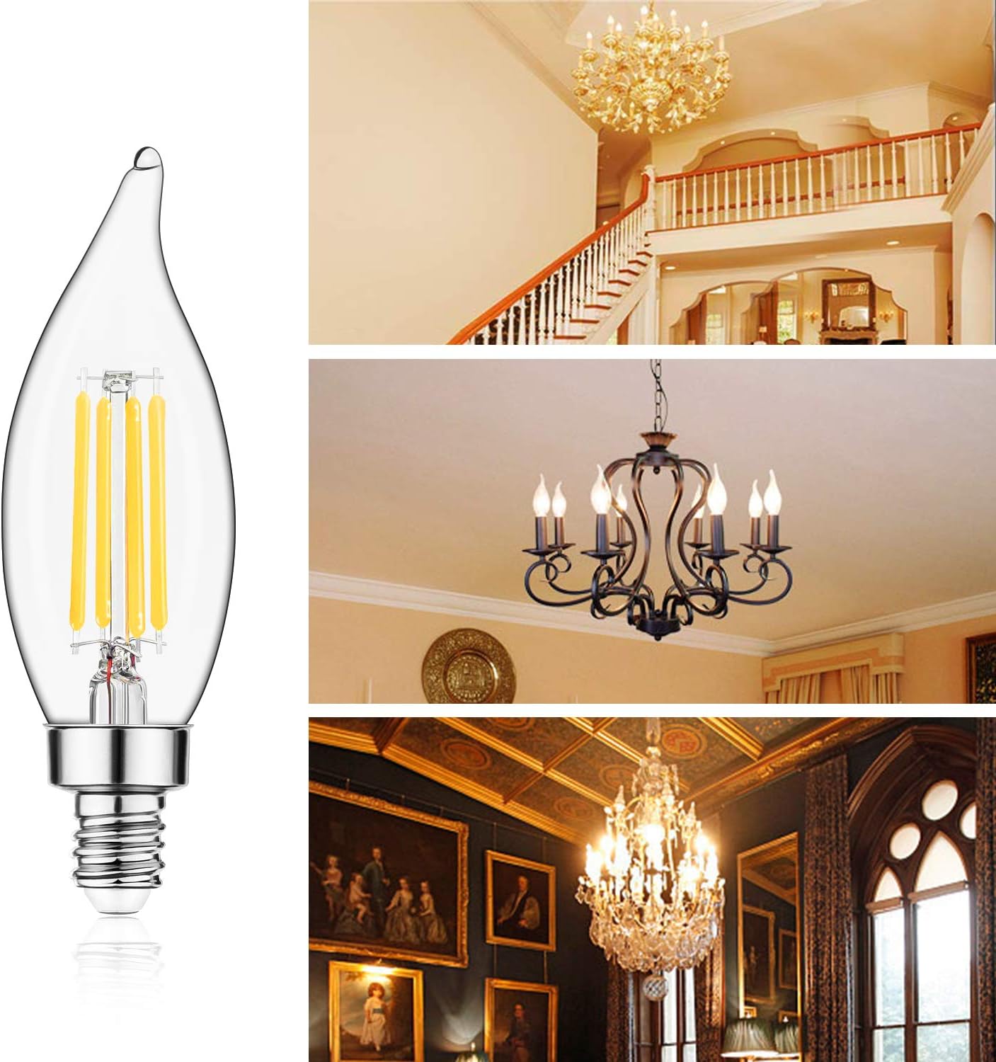 Flash Deals - 70% OFF E12 LED Candelabra Bulb 60W Equivalent Dimmable LED Chandelier Light Bulbs 4.5W 2700K Soft White 500LM B10 Flame Tip Vintage LED Filament Candle Bulb with Decorative E12 Candelabra Base, 6 Pack