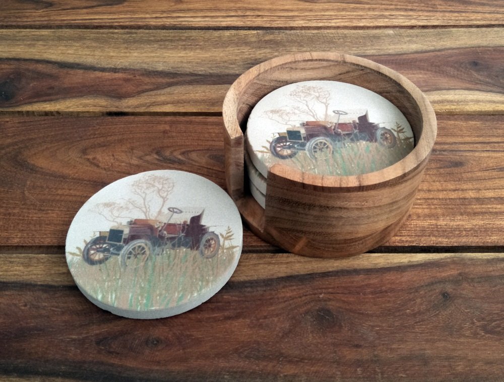 SANDSTERSSANDSTERS Natural Sandstone AntiqueCar Printed Absorbent Beverage Coasters Set of 4Pcs with Acacia Wood Holder