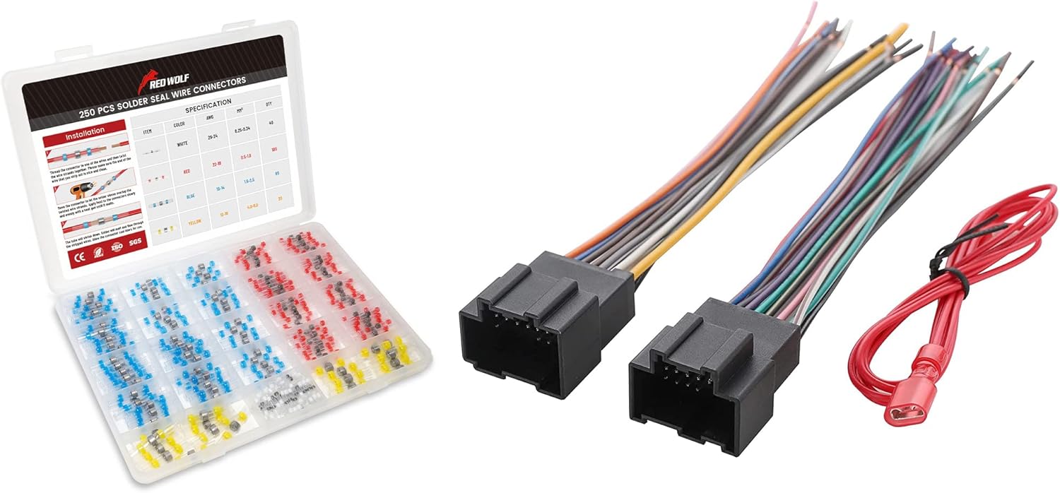 RED WOLF Radio Wiring Harness Adapter w/Solder Seal Wire Connector Kit 250 PCS Electrical Heat Shrink Butt Connector for 2006-2013 Chevy GMC Express Savana Buick Insulated Cable Splice Terminals Joint