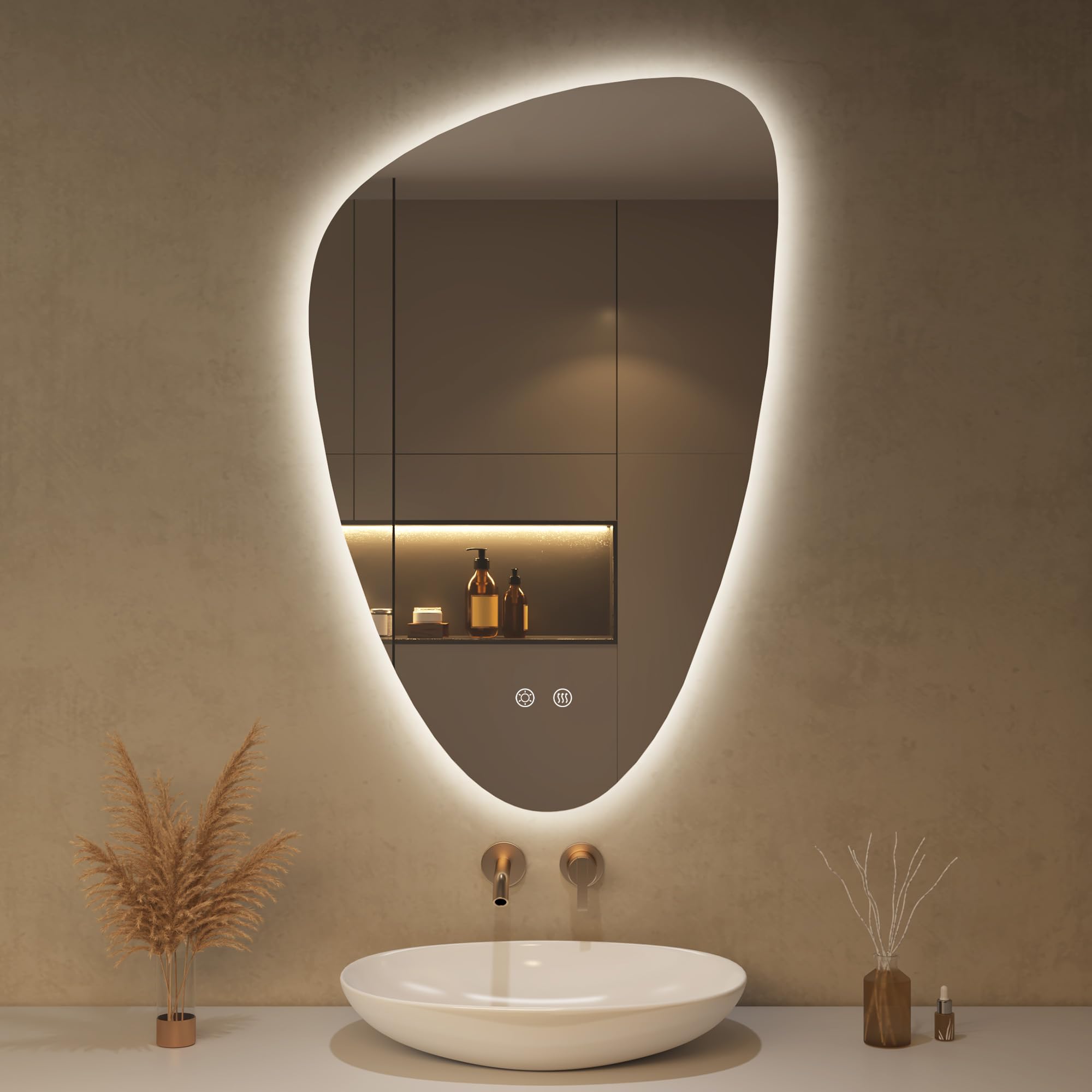 OUMUSU Spiegel mit Beleuchtung Asymmetrischer LED Badspiegel 50 x 78 cm mit Touch-Schalter, Dimmbar 3 Lichtfarbe Einstellbare, Beschlagfrei Badezimmerspiegel mit Beleuchtung, Bruchsicher