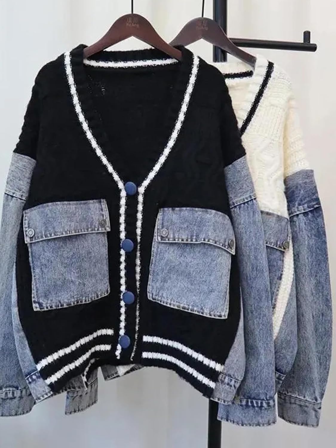 Molisry Women's 2025 Cardigan Sweater Long Sleeve Patchwork Denim Pockets Open Front Jean Jacket Spring