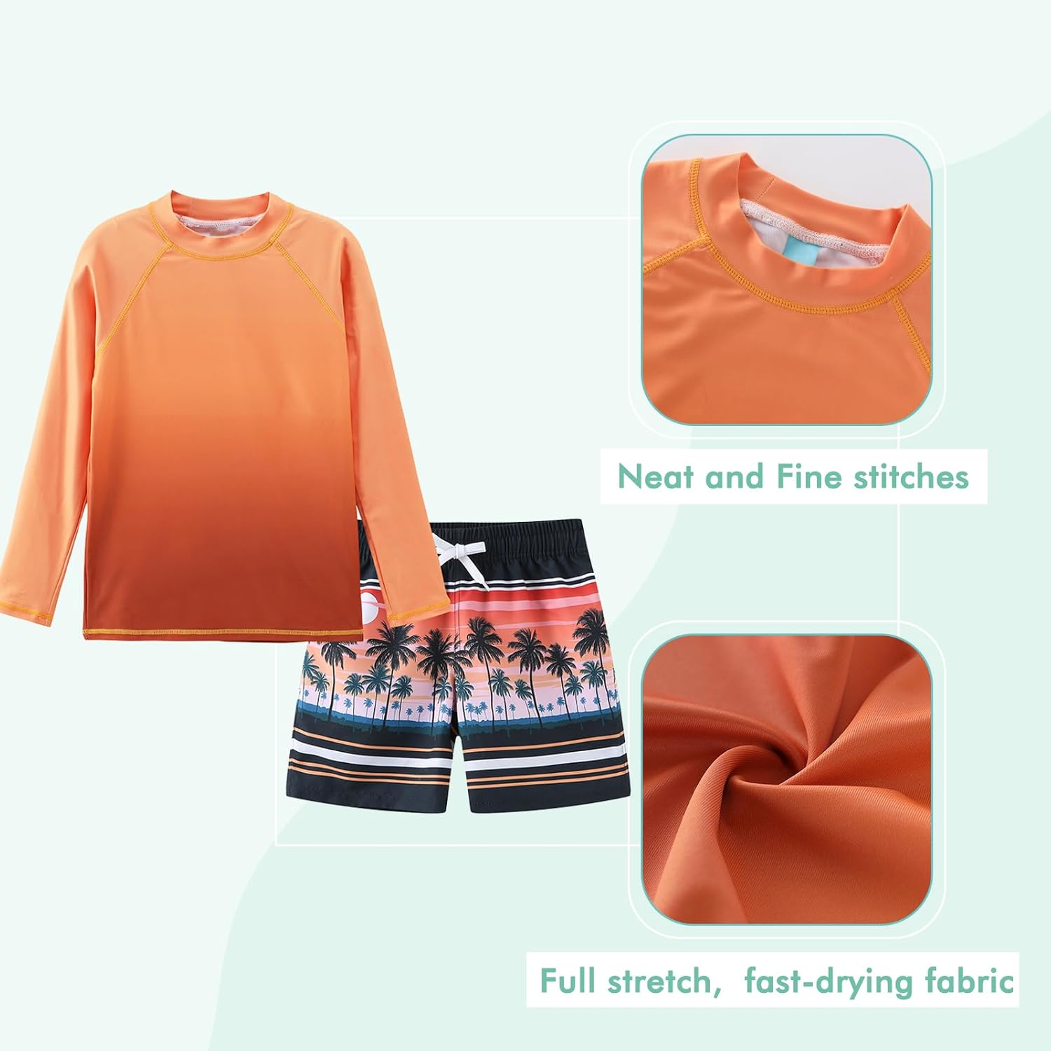 Boys Long Sleeve Rash Guard Swimsuits Kids Two Piece Sunsuits with Swim Trunks Swimwear Set - Image 3