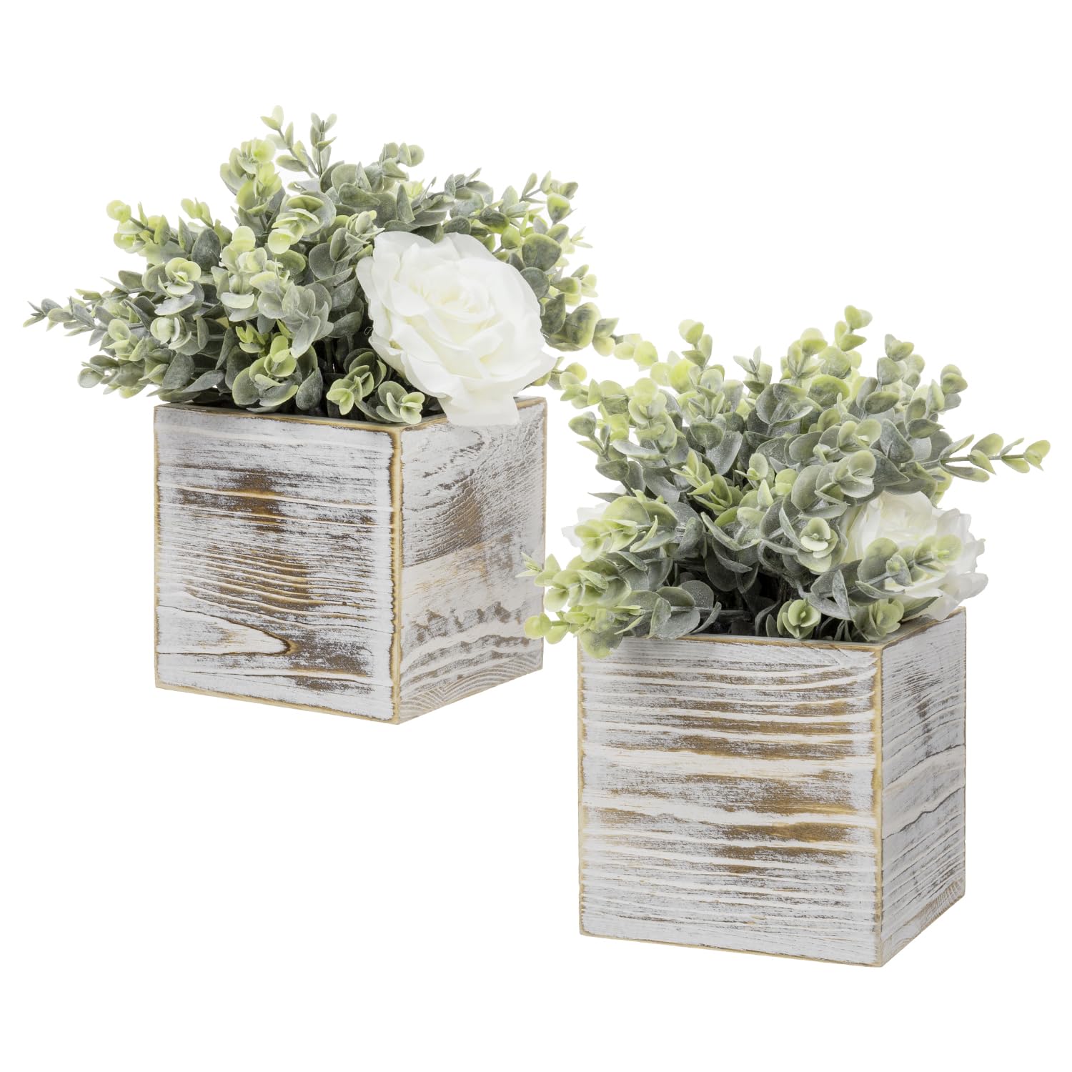 MyGift Artificial White Rose and Eucalyptus Boxwood in Shabby Whitewashed Solid Wood Square Box Planters, Faux Floral Arrangement Table Centerpiece Home Decor, Set of 2