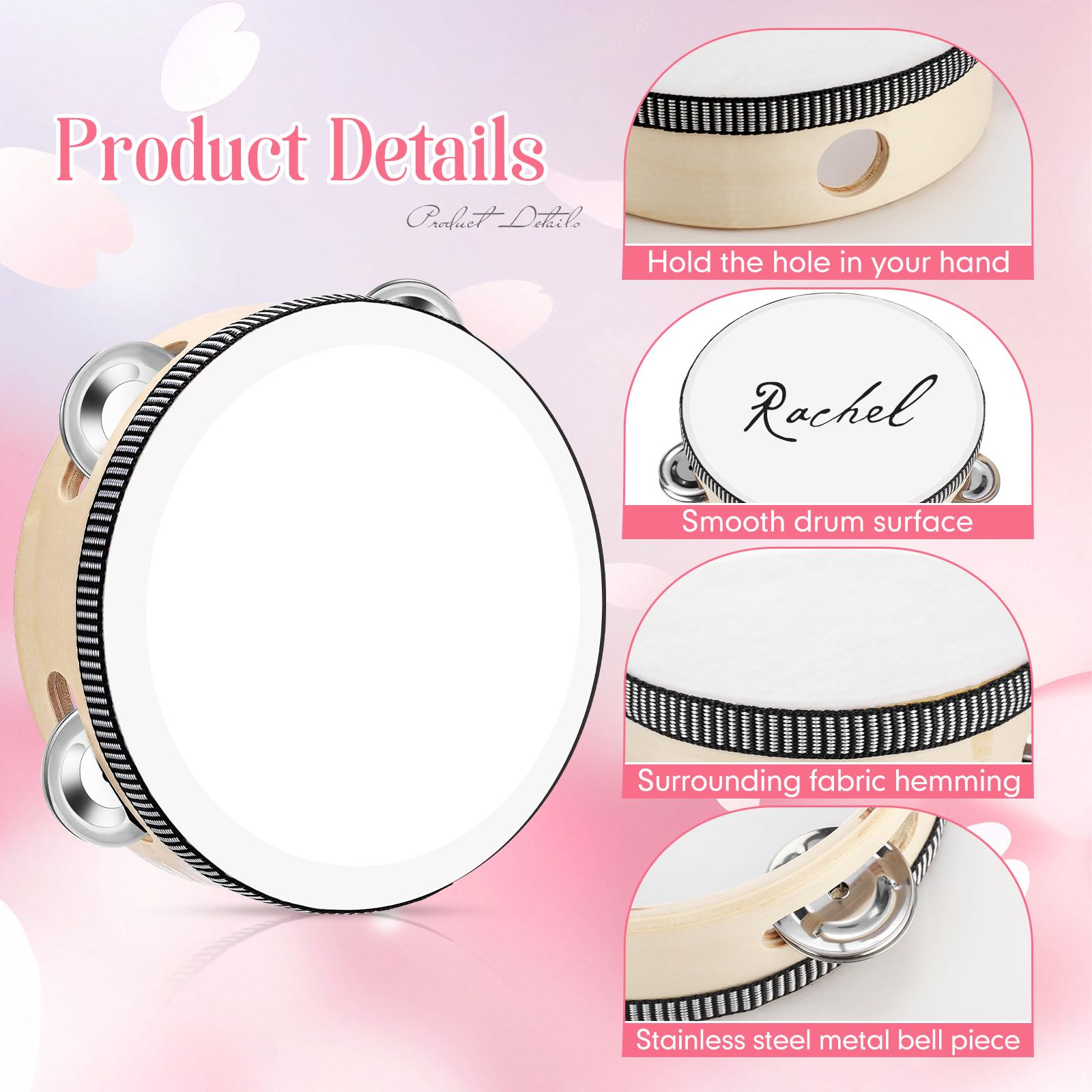 Set di 24 tamburelli da 15,2 cm, per adulti, in legno, con sonagli in metallo, etichette regalo, nastro beige, strumento musicale a percussione per chiesa, matrimoni, bomboniere