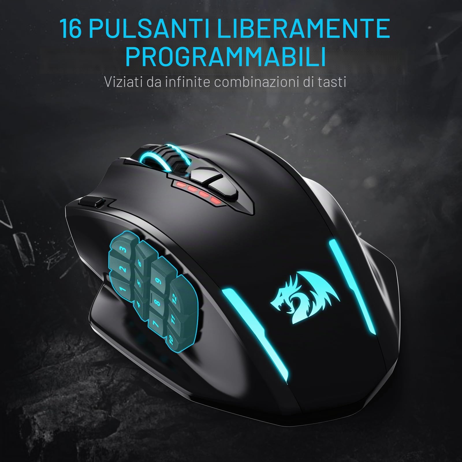 Redragon M913 MAX Mouse Gaming Senza Fili MMO 26K DPI BT | 16 pulsanti programmabili, connessione BT/2.4G, software personalizzazione tasti, sensore ottico preciso per MMO