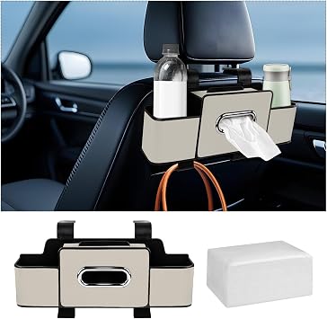 Car Back Seat Organizer with Tissue, Car Seat Back Tissue Box and Storage Hook, Multifunctional Car Organizer for Hold Phone,Drinks,Handbag,Compatible with Most Vehicles Beige
