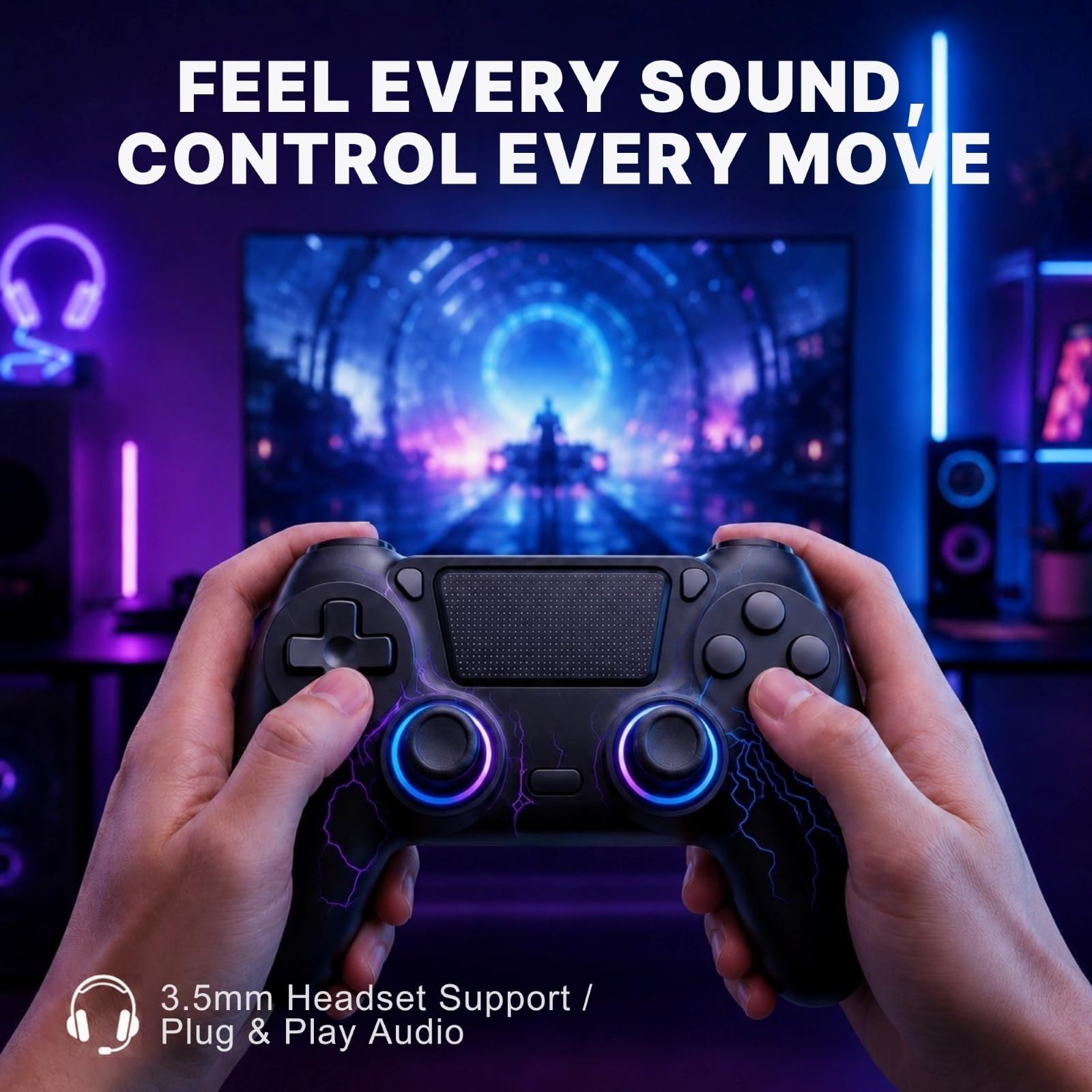 BJXOZ Wireless Controller für PS4 Controller, mit Dual Vibration, USB-C-Anschluss, 6-Achsen-Sensor, Touchpad und 3,5-mm-Audiobuchse, Lautsprecher, RGB-Licht, Gamepad kompatibel mit PS4/Slim/Pro/PC
