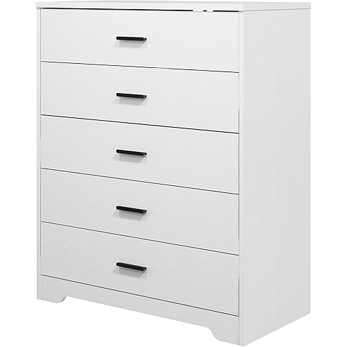 Panana Dresser for Bedroom with 4/5 Drawers, Wooden Chest of Drawers, Storage Organizer Unit Dressers for Bedroom, Living Room, Hallway, Nursery (White, 5 Drawer)