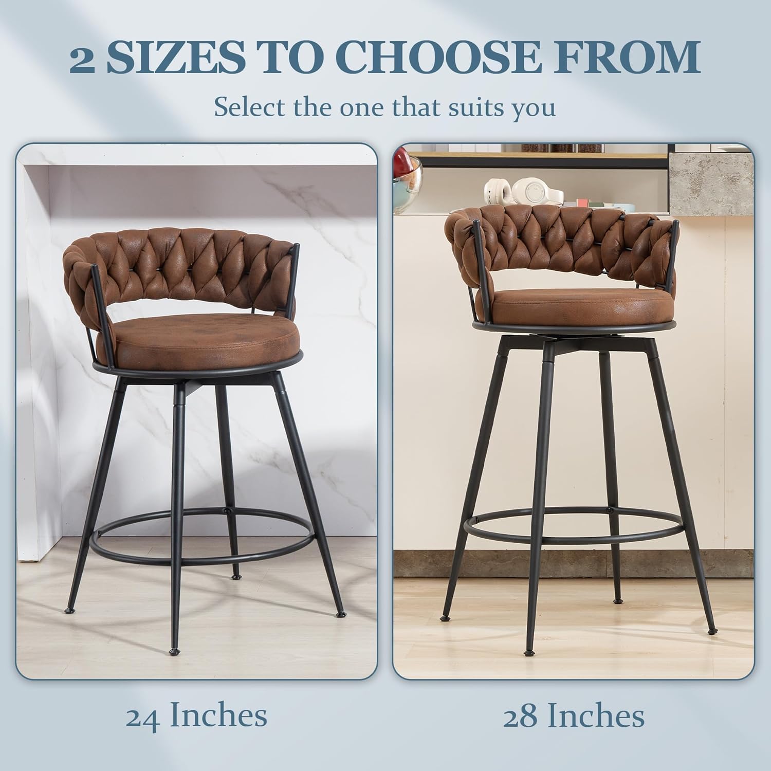 360° Swivel Bar Stools Set of 3, 28 inch Counter Height Bar Stools Modern Barstools with Woven Back and Suede Fabric, Metal Frame & Footrest for Kitchen Island, Cafe, Pub, Bar Counter, Dark brown