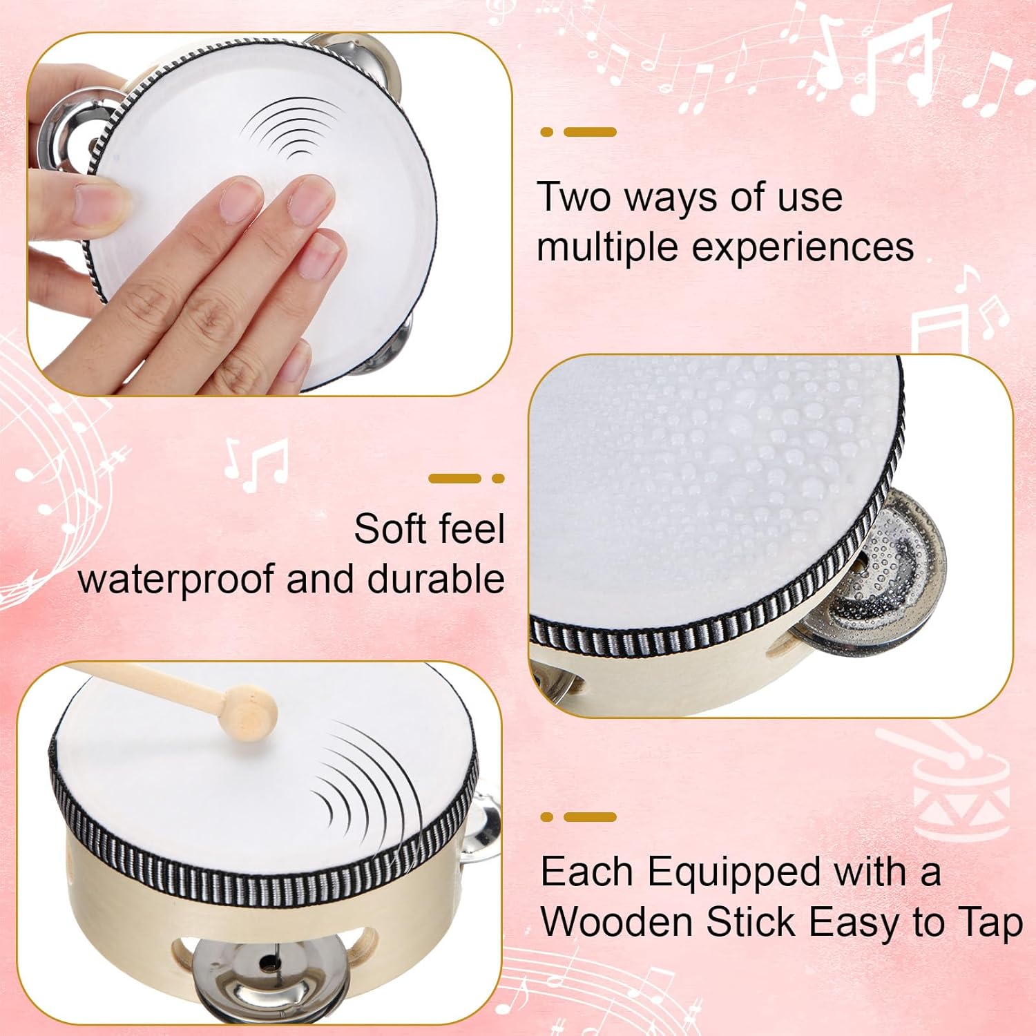 32 Pcs 4 Inch Tambourine with Drumsticks Wooden Hand Held Drum with Metal Jingles Percussion Musical Instrument for Church Wedding Party Gift Musical Educational Drum Instrument Party