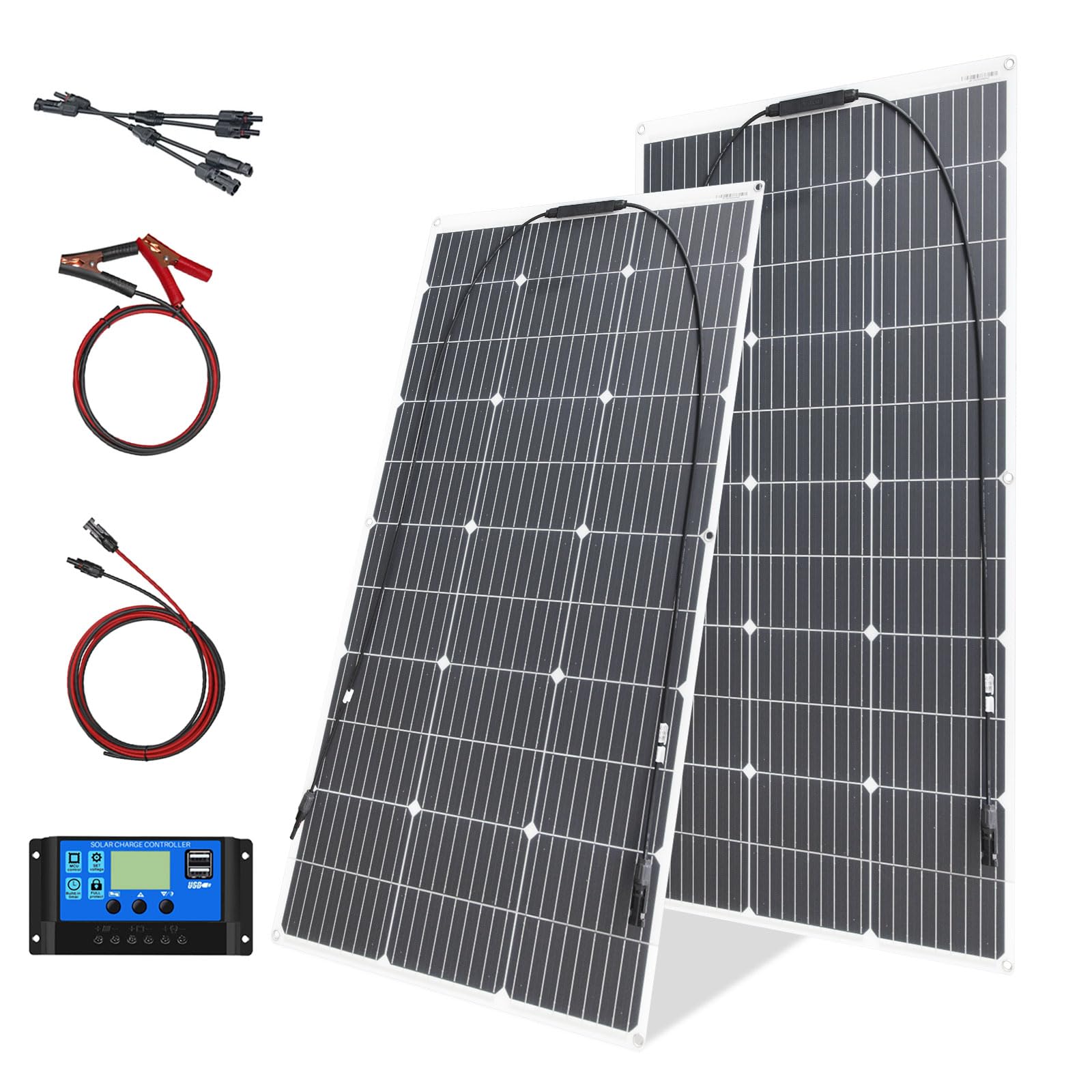 200W Flexible Panel Solar Módulo Kit 2 * 100W 18V cristal único Fotovoltaico Módulo Controlador 20A, para cargar baterías de 12V - Casas móviles, caravanas, barcos, techos (200)