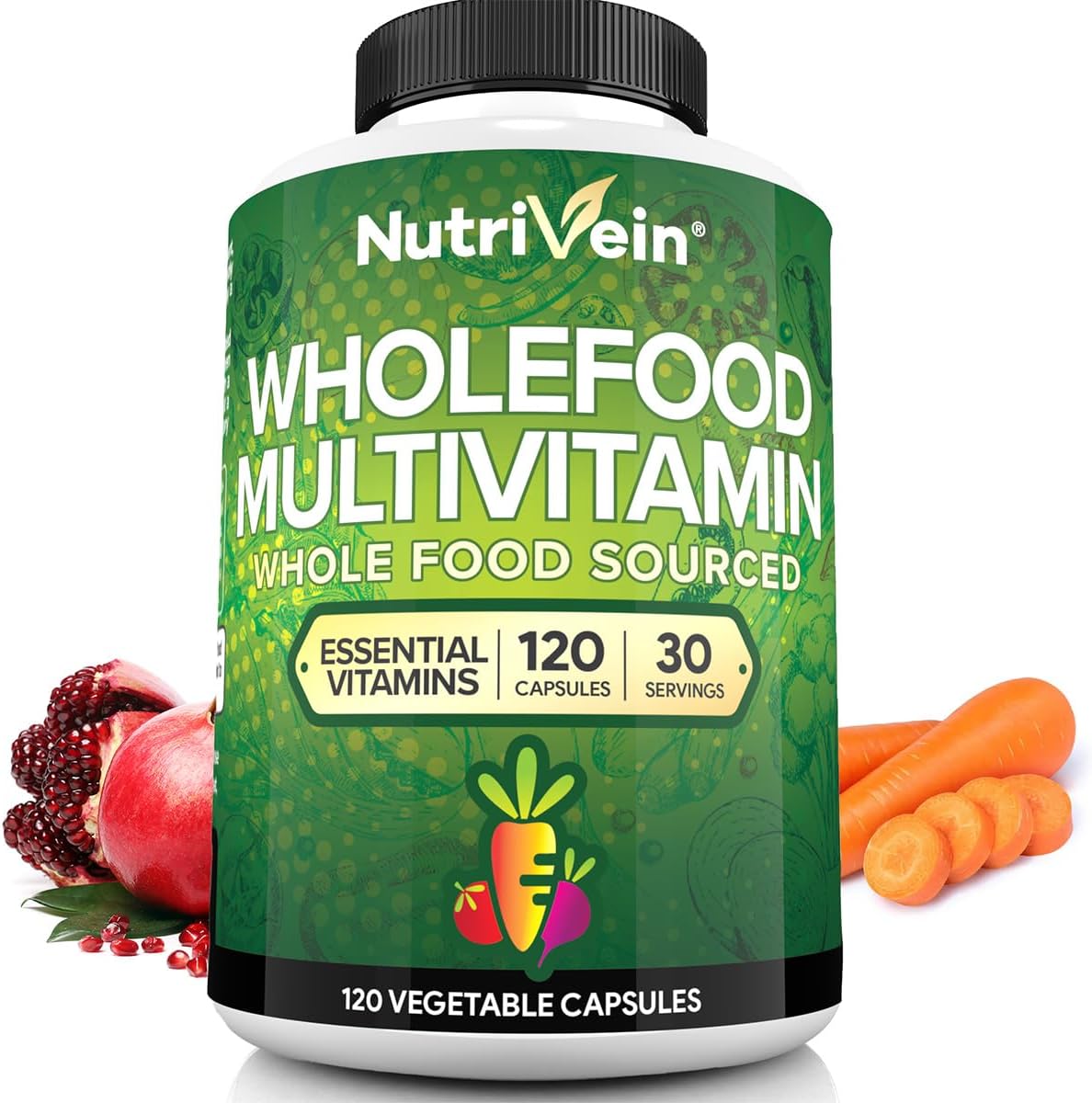 Nutrivein Whole Food Multivitamin for Men & Women โ 120 Vegan Multivitamin Caps for Adults โ Daily Energy, Immune & Heart Support โ Raw Fruit & Veggie Blend + B Vitamins - Not Intended for Kids