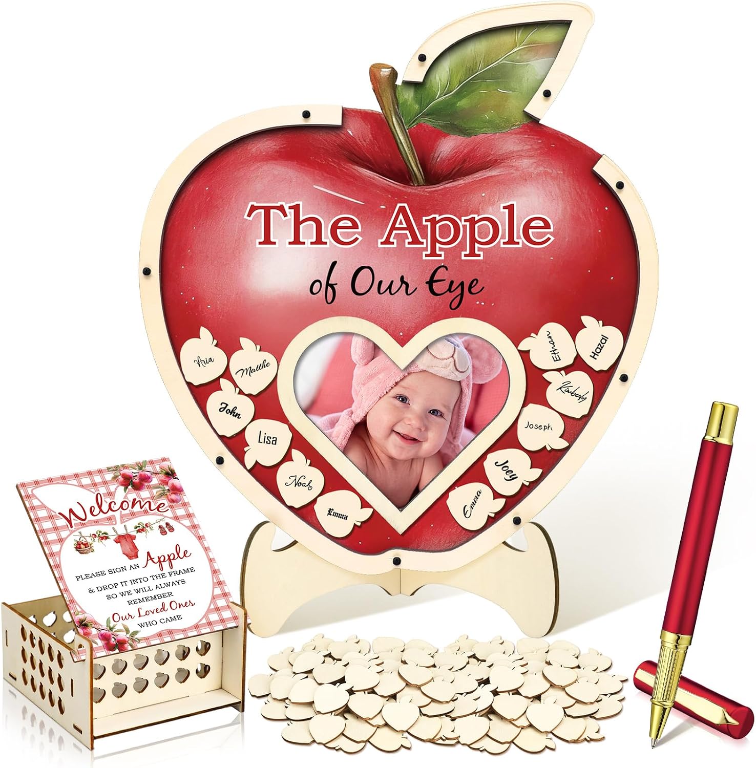 Kathfly 63 Pcs Apple Theme Baby Shower Guest Book Alternatives Set Fall Apple of Our Eye Decoration Fall Harvest Baby Shower Sign in Guest Book Sonogram Frame 60 Wood Slices Keepsakes Gifts for Guests