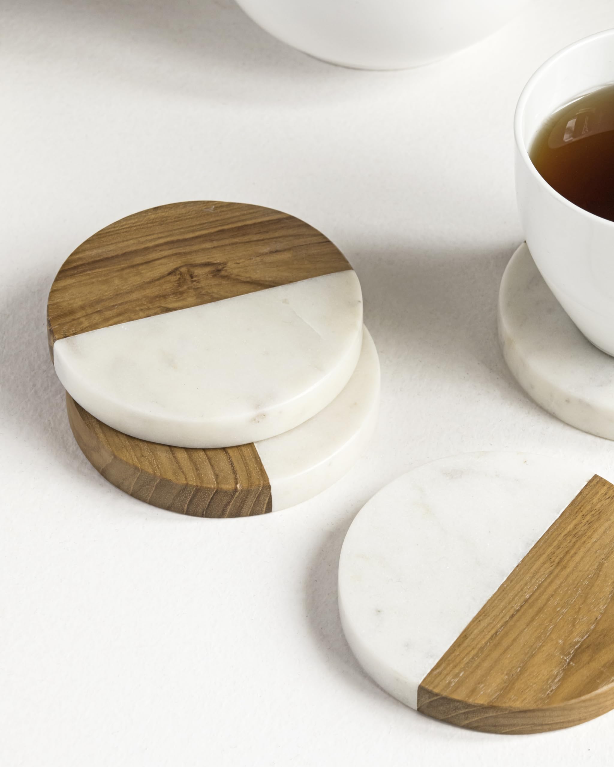 Juego De 5 Posavasos De Mármol Travertino Natural Hexagonales | Con Base De Corcho, 10 Cm, Beige Y Blanco