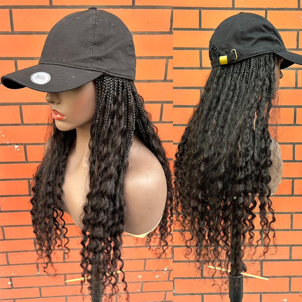 Boho Box Braids Hat Wigs with Human Hair Curly Ends Grab-and-Go Boho Braided Hair Extensions with Baseball Cap for Women Natural Black