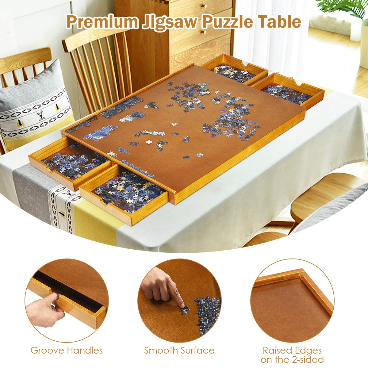 DREAMADE Puzzletisch aus Holz, 80 x 65cm, Puzzleboard mit 4 Schubladen, Puzzle-Speichersystem mit ebener Arbeitsfläche, Puzzlematte, Puzzlebrett für 1000-1500 Teile