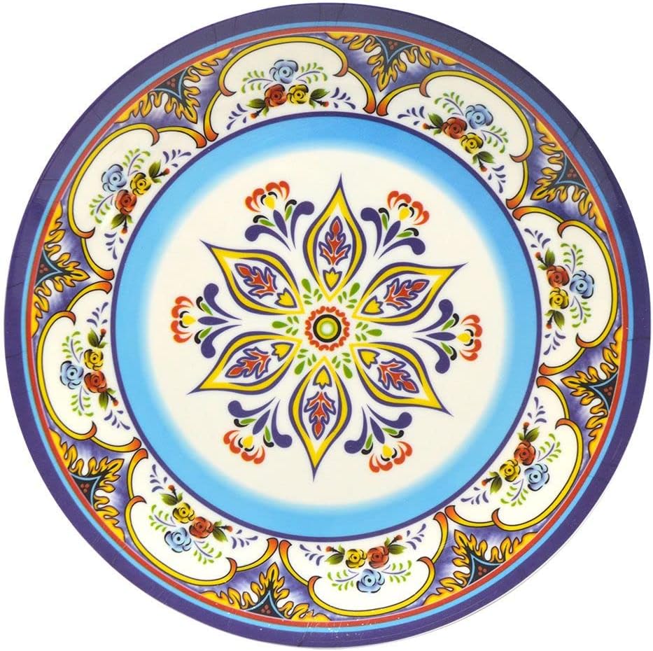 BIG HORN 10 Inch Zanzibar Dinnerware Melamine Plates, Spanish Floral Design (Multicolor Spanish Floral) - 6 Pcs/Set