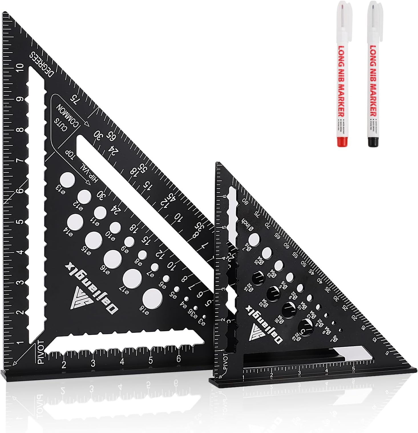 Carpenter Square 7 and 12 Inch Set, Aluminum Rafter Square Framing Suqare Double Scale Triangle Ruler, Protractor Measuring Hole for Woodworking and Carpentry Layout Tool Black with 2 Pencil