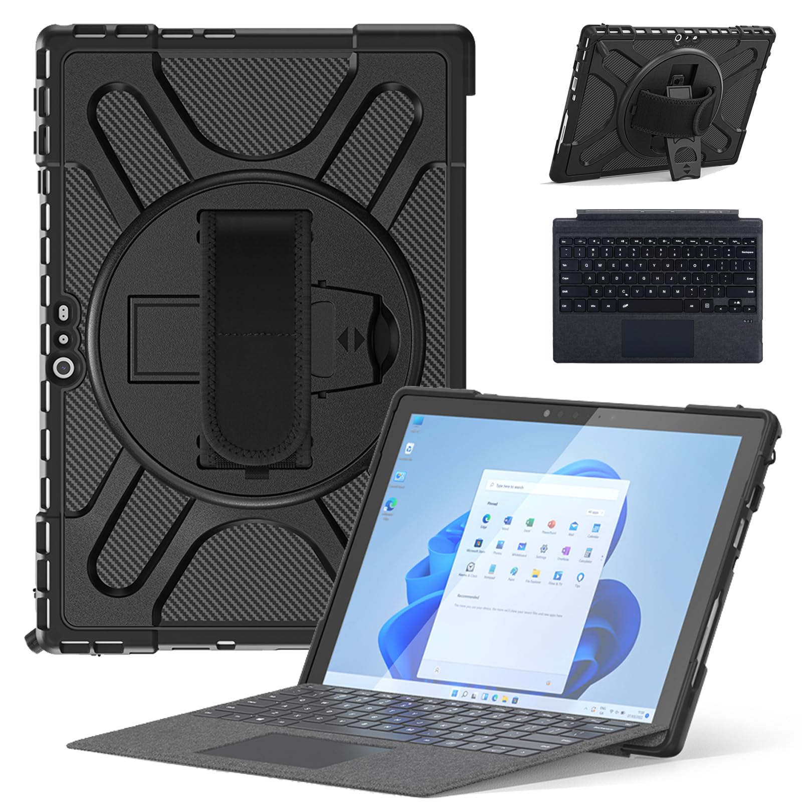 ZenRich - Microsoft Surface Pro 4/5/6/7 Rugged Case with Keyboard, Surface Pro 4/5/6/7 Protective Case with Kickstand and Hand Strap, Shock Resistant, Compatible with Keyboard Type