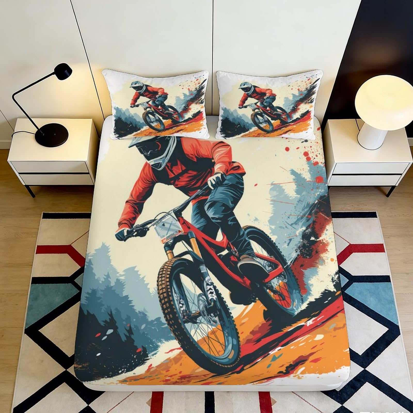 3D Printed Mountain Bike Fitted Sheet Microfiber Soft Breathable Rider Bed Cover for Bedroom Dorm Decor 90x200x25cm