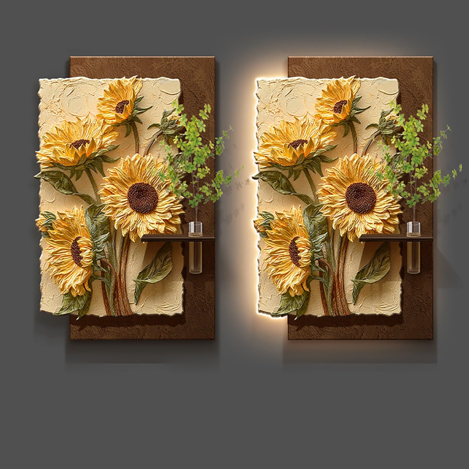 ZCQMSCWW Sandstone Textured Art with LED Backlight, 3D Relief Sunflower Wall Sculpture, Multifunctional Entryway Hallway Decor with Display Shelf & Plant Vase