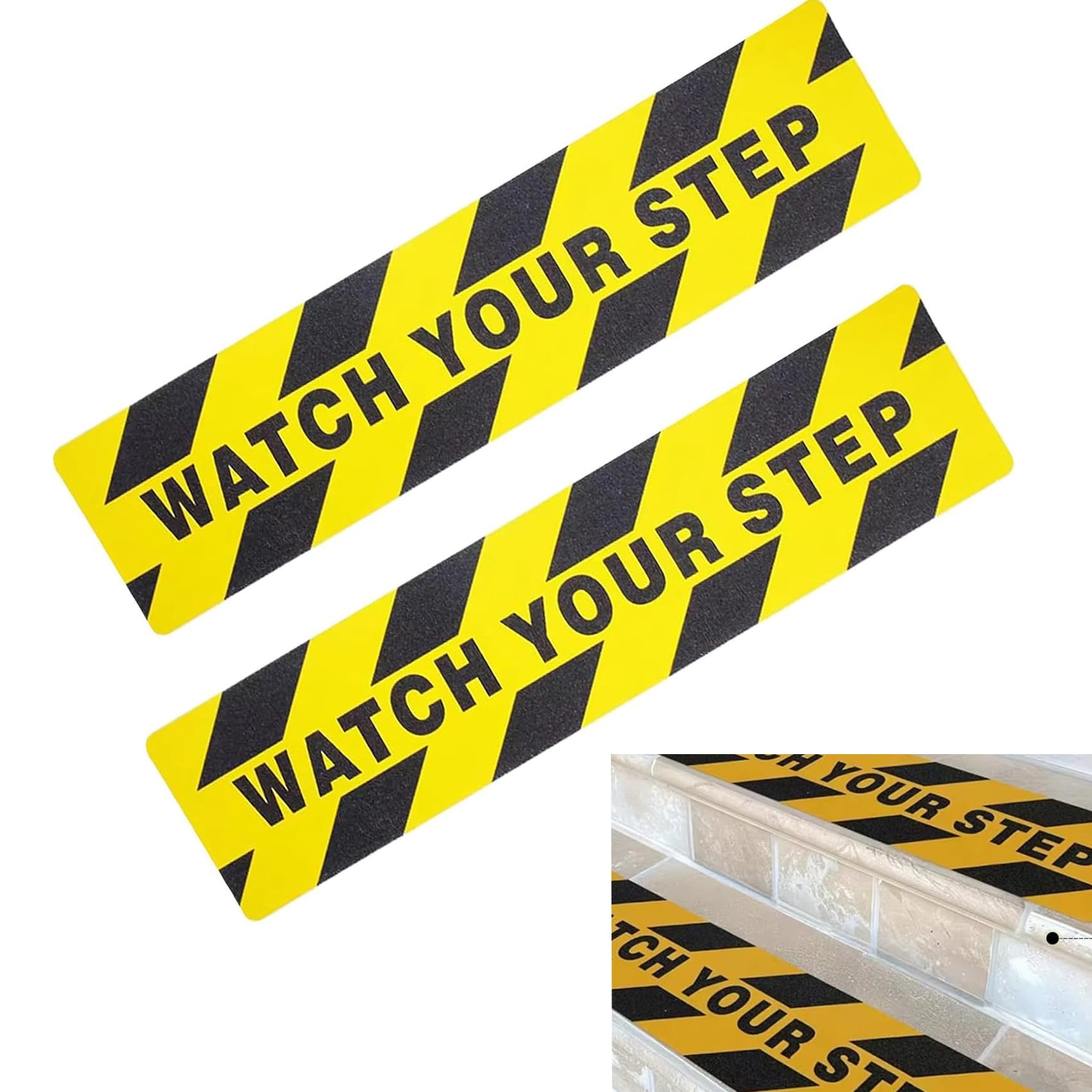 SANTUO 2PCS Watch Your Step Sign Sticker, 15 x 60 cm Anti Slip Floor Tape, Black and Yellow Hazard Caution Tape for Steps, Stairs, Wet Floors - Indoor & Outdoor Safety Grip Decal